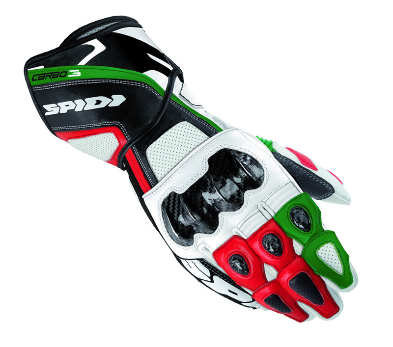 دستکش و محافظ دست موتورسواری تا روی ساعد دست به رنگ سفید، مشکی، سبز و قرمز