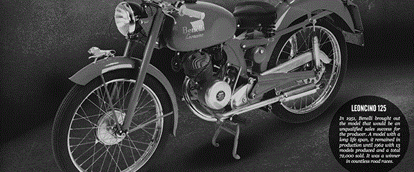 عکس سیاه و سفید موتورسیکلت بنللی مدل لئونچینو 125 ، روی گلگیر یک مجسمه شیر وجود دارد.