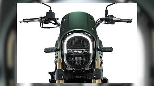 عکس از نمای رو به روی موتورسیکلت beneli leoncino 800 trail که چراغ جلوی موتور نمایش داده شده
