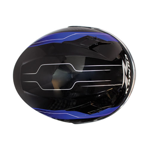 عکسی از نمای بالای Helmet به رنگ سیاه با هاله آبی و خطوط سفید